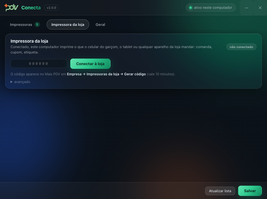 Tela do Mais PDV Conecta com o bloco Impressora da loja conectado e online