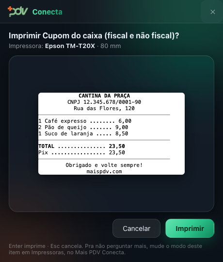 Janela de confirmação do Mais PDV Conecta com a prévia do cupom e os botões Cancelar e Imprimir